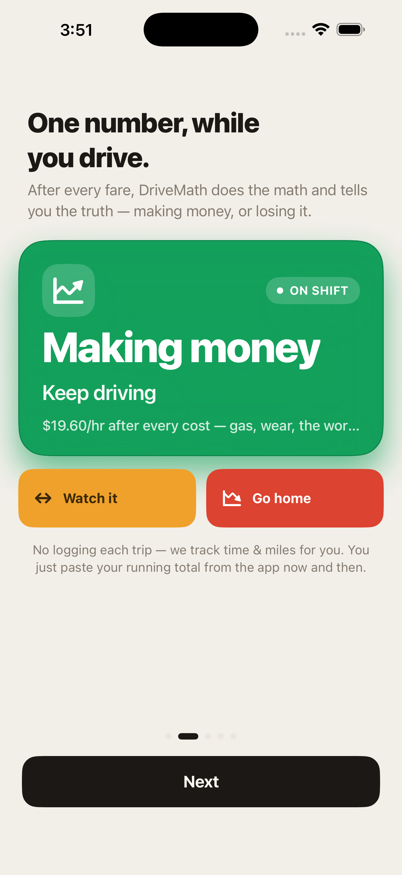 Live take-home verdict screen