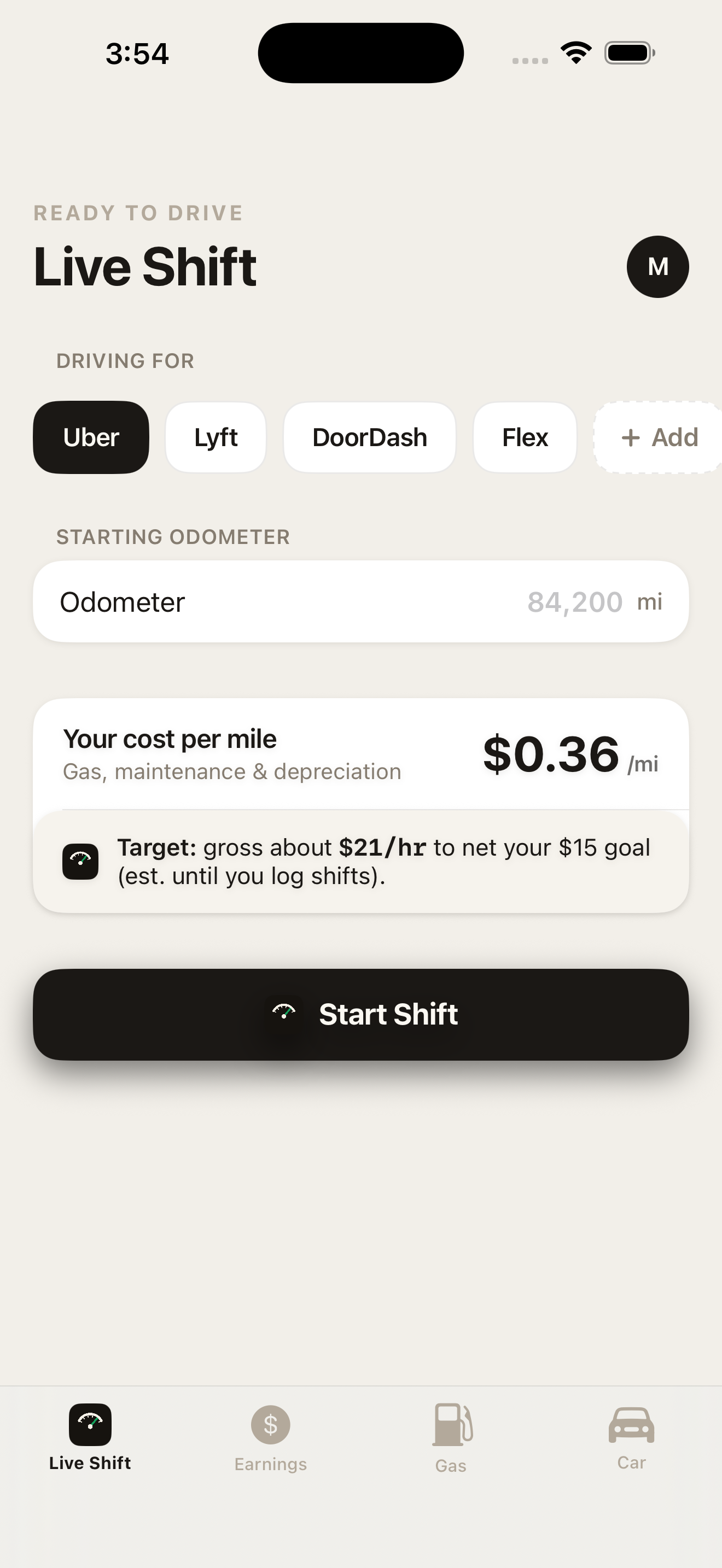 Start a shift screen