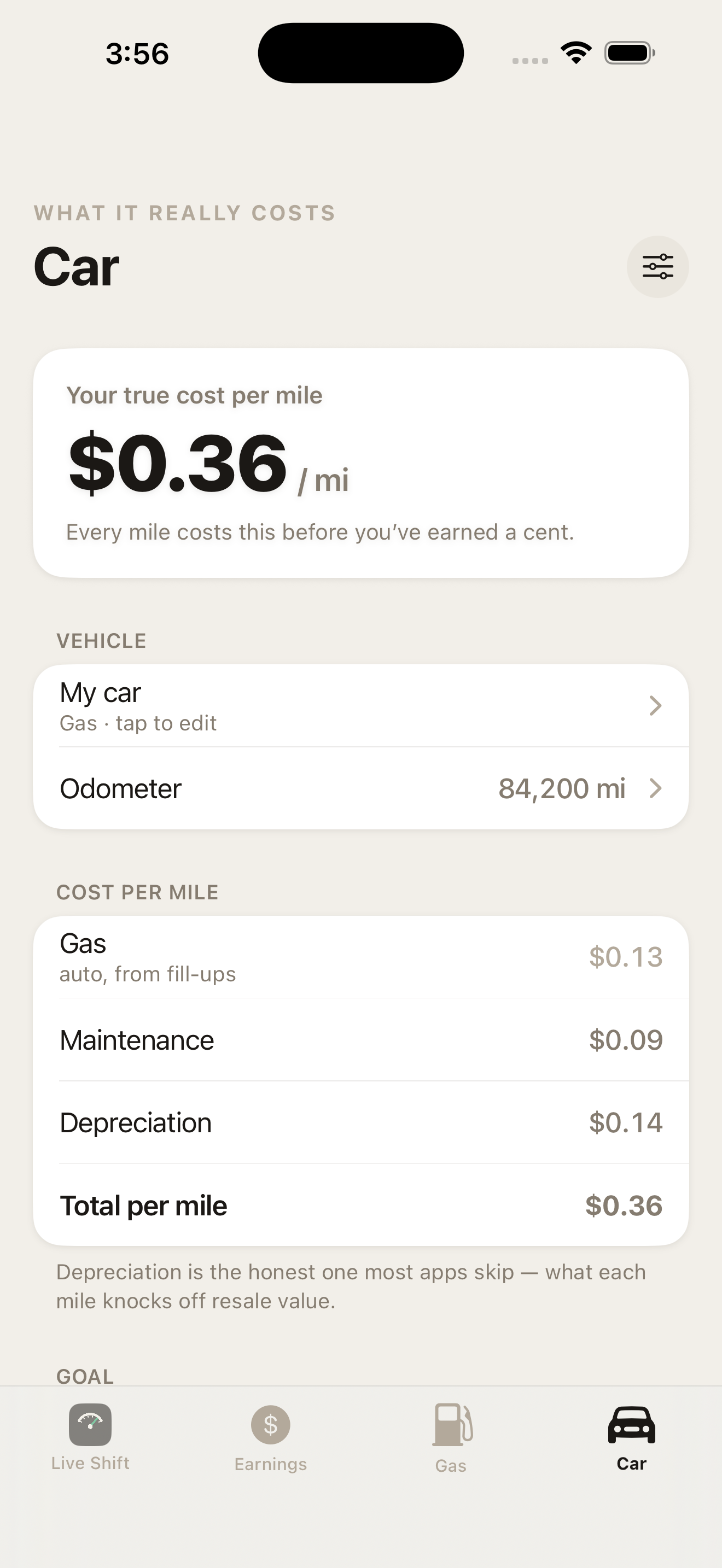 True cost per mile screen
